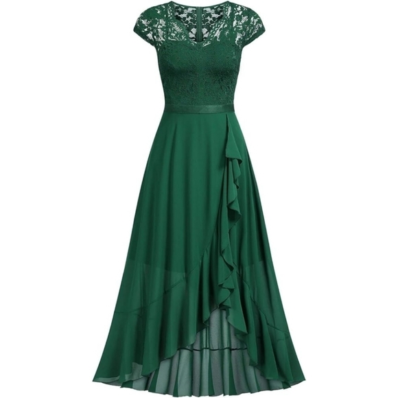 Miusol Deep Green Faux Wrap Ruffle Dress Scalloped Neck HiLo Skirt sz XXL= US XL - Picture 3 of 11